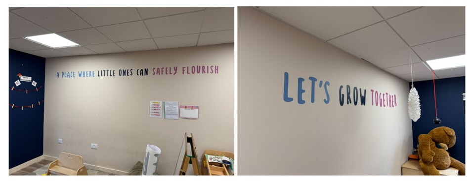 A collage of the interior wall signage for the nursery.